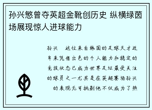 孙兴慜曾夺英超金靴创历史 纵横绿茵场展现惊人进球能力 孙兴慜曾夺英超金靴创历史 纵横绿茵场展现惊人进球能力