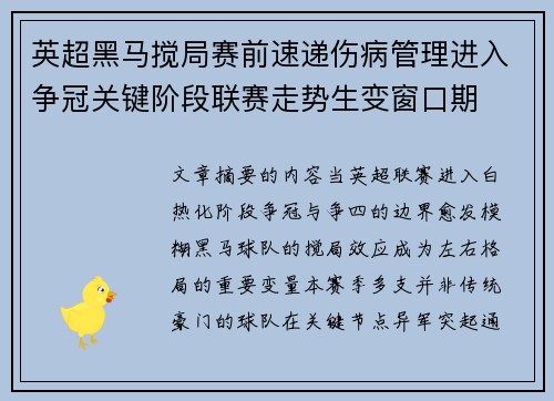 英超黑马搅局赛前速递伤病管理进入争冠关键阶段联赛走势生变窗口期
